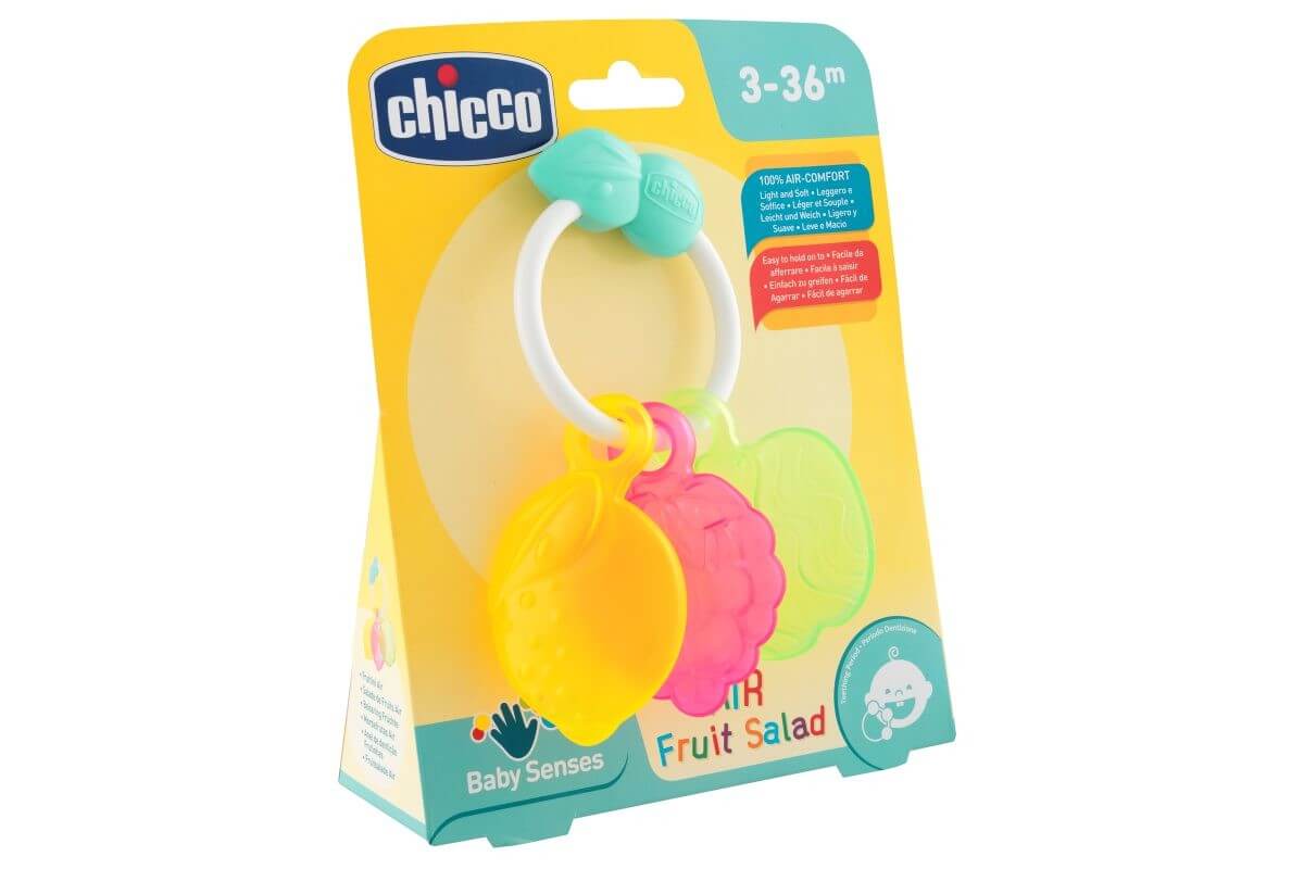 Chicco Grzechotka Owoce, przynosząca ulgę podczas ząbkowania od 3 do 36 miesiąca życia, 1 szt.