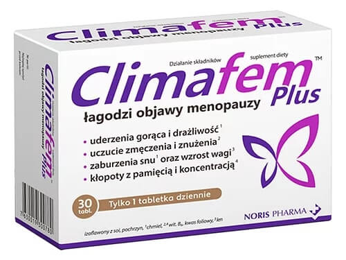 Climafem Plus, tabletki ze składnikami łagodzącymi objawy menopauzy, 30 szt.