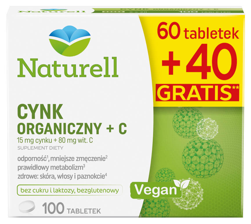 Naturell Cynk organiczny + C, tabletki ze składnikami wpływającymi na odporność i zmniejszającymi zmęczenie, 100 szt.