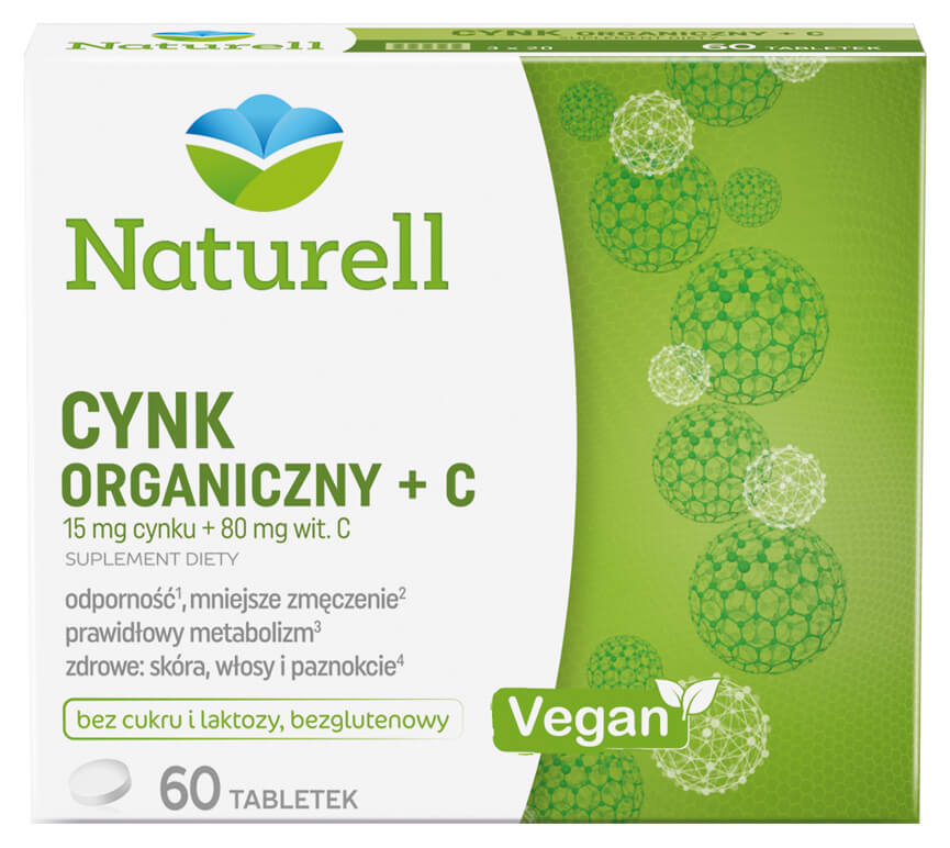 Naturell Cynk Organiczny + C , tabletki ze składnikami wspierającymi odporność i prawidłowy metabolizm, 60 szt.