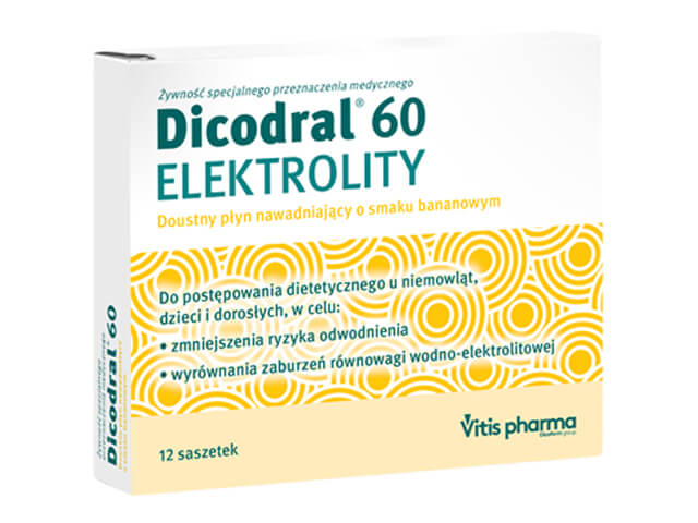 Dicodral 60 , proszek do stosowania w biegunce, w przypadku odwodnienia, 12 sasz.