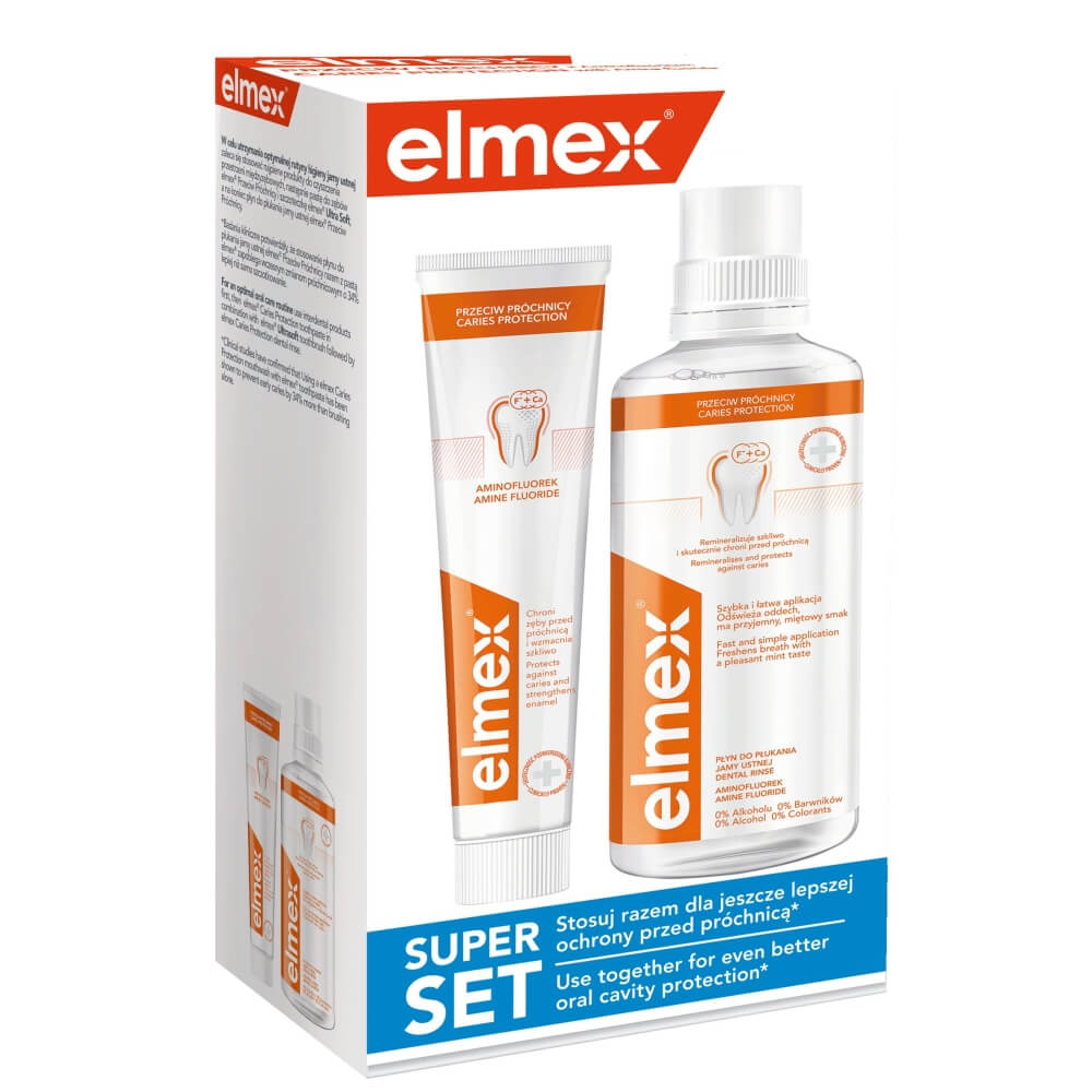 Elmex SuperSET Przeciw Próchnicy, zestaw: pasta, 75 ml + płyn do płukania jamy ustnej, 400 ml