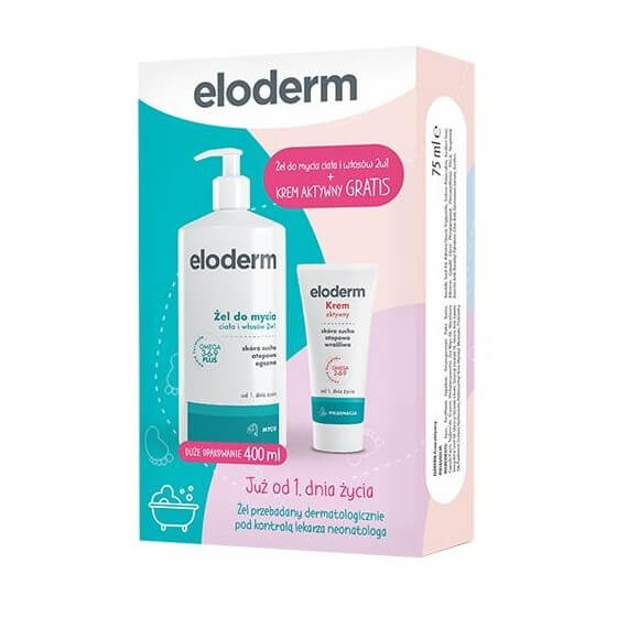ELODERM  zestaw: żel do mycia ciała i włosów 2 w 1, 400 ml + krem aktywny od 1. dnia życia, 75 ml
