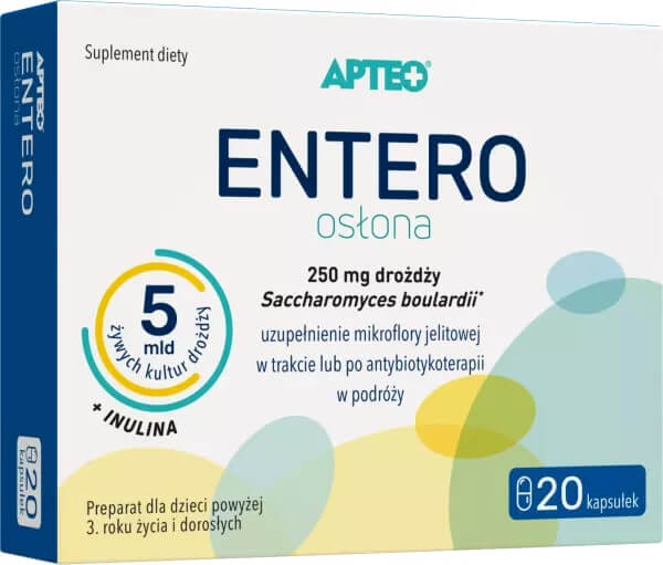 Entero osłona APTEO, kapsułki wspierające uzupełnienie mikroflory jelitowej w trakcie lub po antybiotykoterapii, 20 szt.