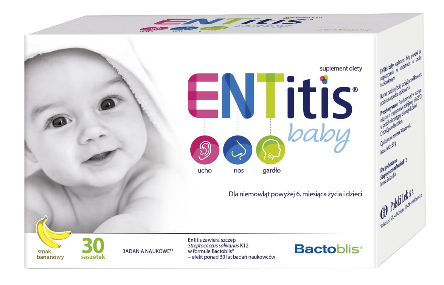 ENTitis Baby, proszek w saszetkach dla dzieci i niemowląt o smaku bananowym, 30 szt.