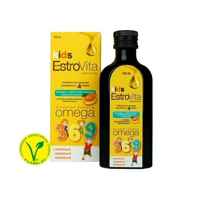 EstroVita Kids Omega 3-6-9 płyn o smaku pomarańczowo-bananowym dla dzieci, 150 ml 