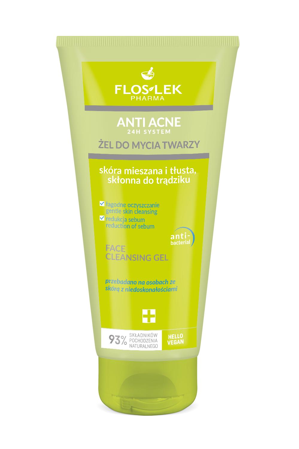 Flos-Lek Anti Acne , żel do mycia twarzy dla skóry mieszanej, i tłustej, skłonnej do trądziku, 200 ml