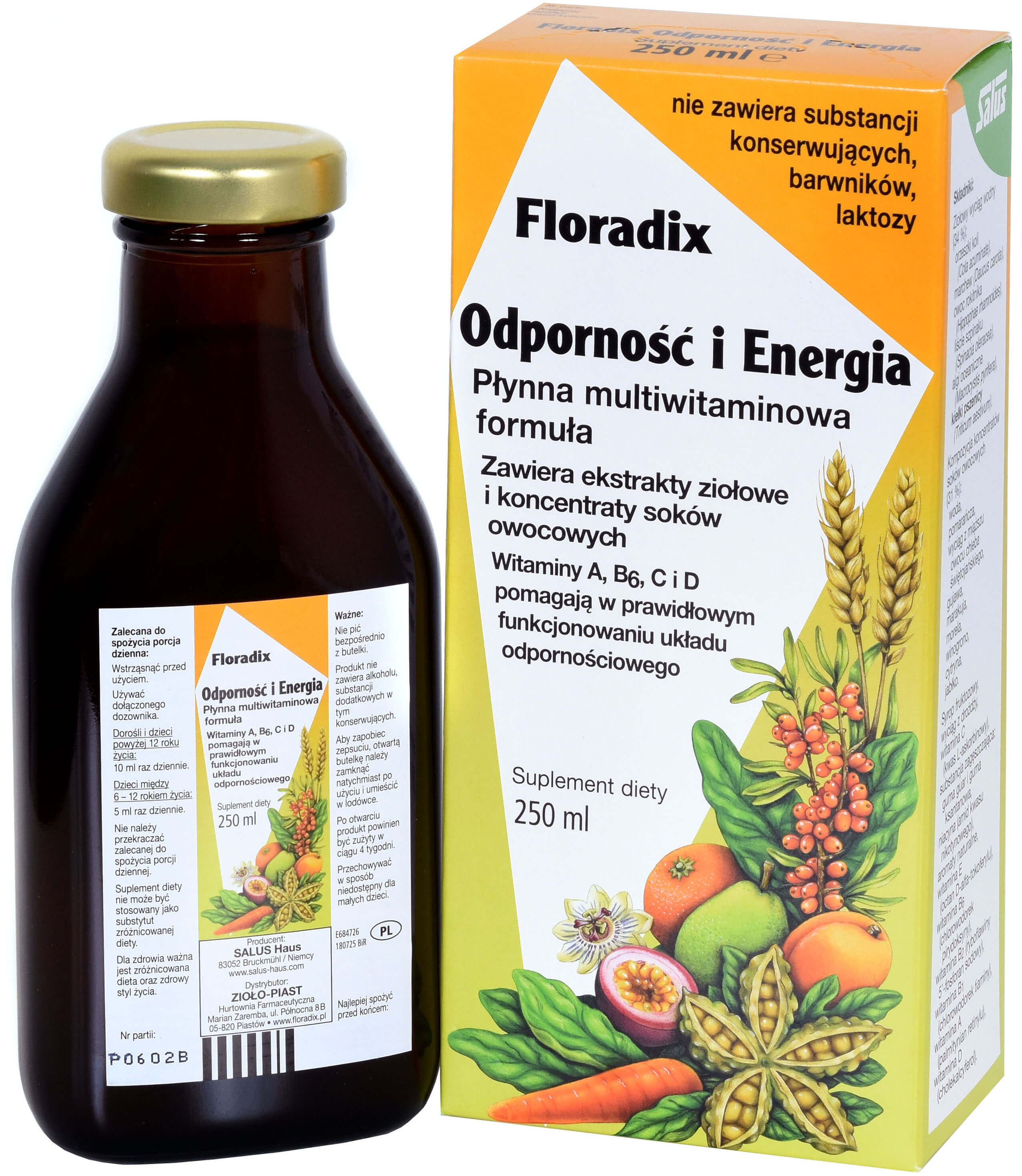 Floradix Odporność i Energia, płynna multiwitaminowa formuła z ekstraktami ziołowymi i koncentratami soków owocowych, 250 ml