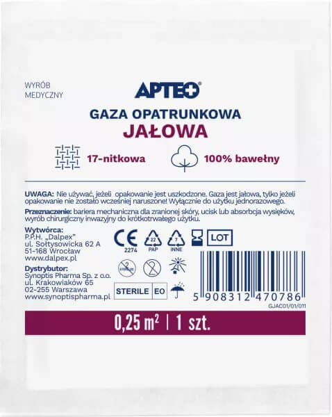 Gaza jałowa APTEO, 17-nitkowa, 0,25 m2, 1 szt.