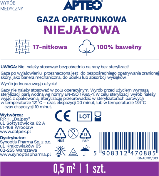 Gaza opatrunkowa APTEO CARE niejałowa, 0,5 m2, 1 szt.