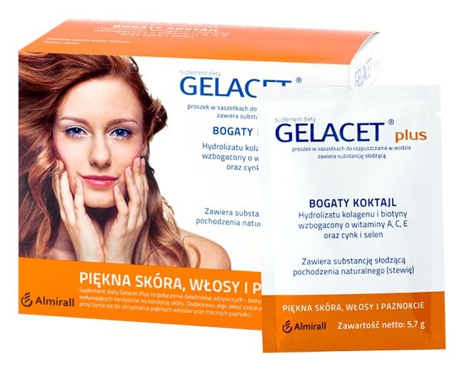 Gelacet Plus , proszek z biotyną i cynkiem przeznaczony dla osób dbających o zdrowy wygląd włosów i skóry, 21 szt.