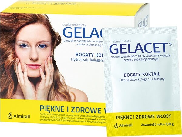 Gelacet , proszek z biotyną i żelatyną przeznaczony dla osób dbających o zdrowy wygląd włosów i skóry, 21 szt.