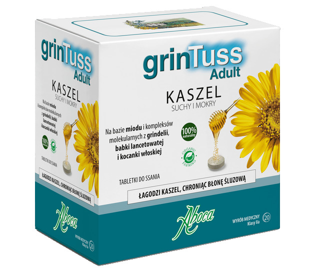 GrinTuss Adult  , tabletki do ssania na kaszel suchy i mokry, 20 szt.