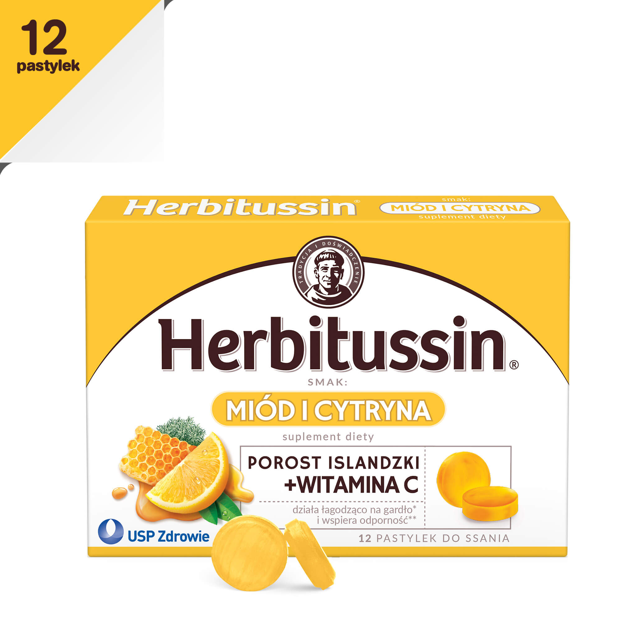 Herbitussin, pastylki do ssania na ból gardła o smaku miodu i cytryny, 12 szt.