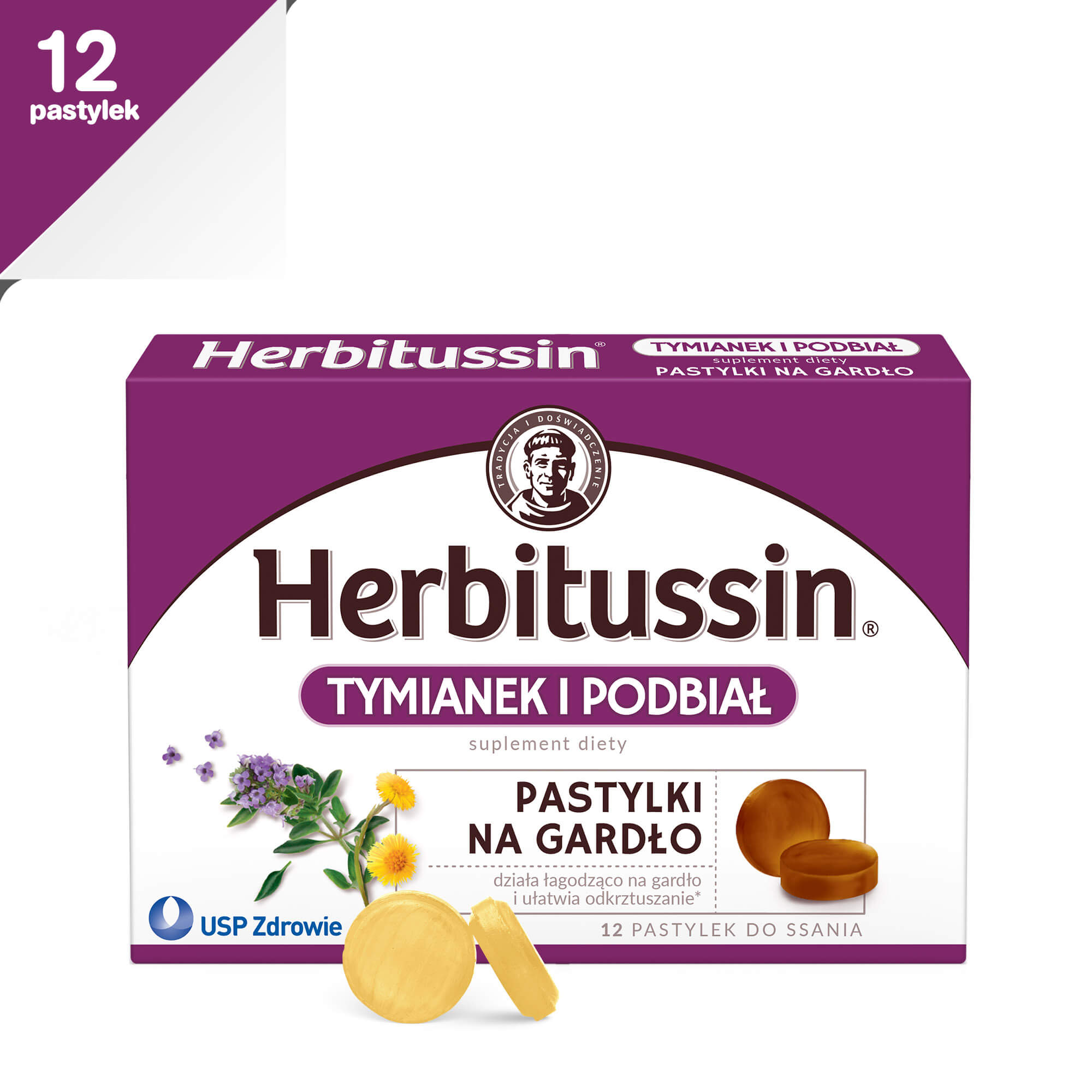 Herbitussin Tymianek i Podbiał, pastylki do ssania na ból gardła, 12 szt.