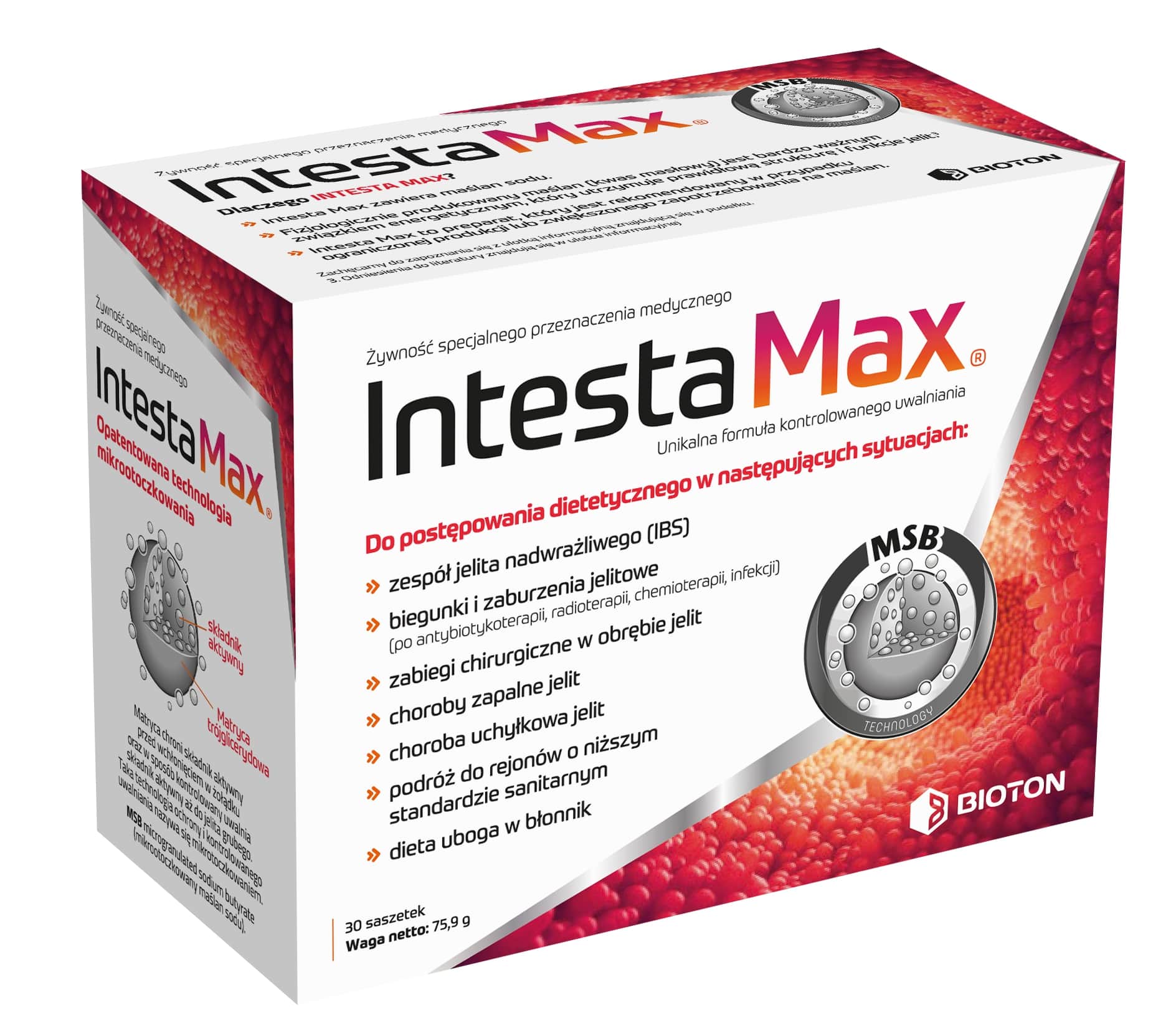 Intesta Max , granulat do stosowania przy IBS, zaburzeniach jelitowych przy nietolerancji leków, biegunce, 30 sasz.