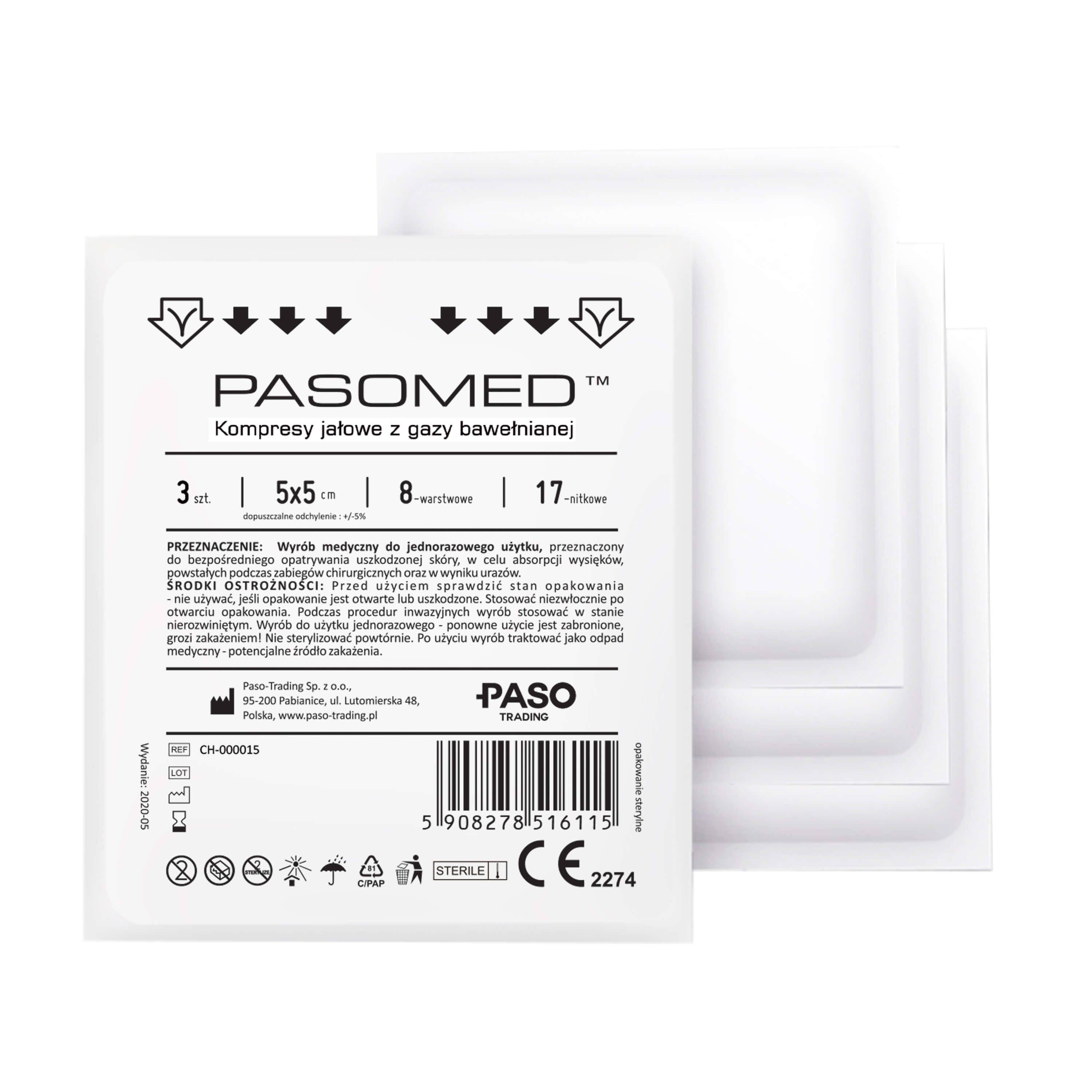 Pasomed, kompresy jałowe z gazy bawełnianej o wymiarach 5 x 5 cm, 3 x 1 szt.