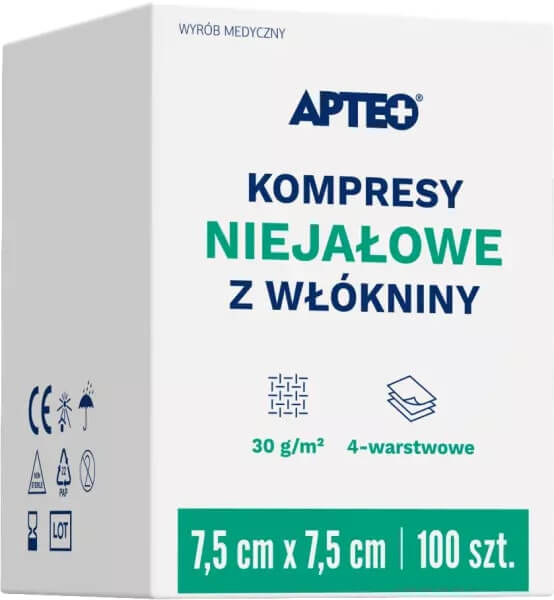 Kompresy APTEO CARE niejałowe z włókniny, 7,5 x 7,5 cm, 100 szt.