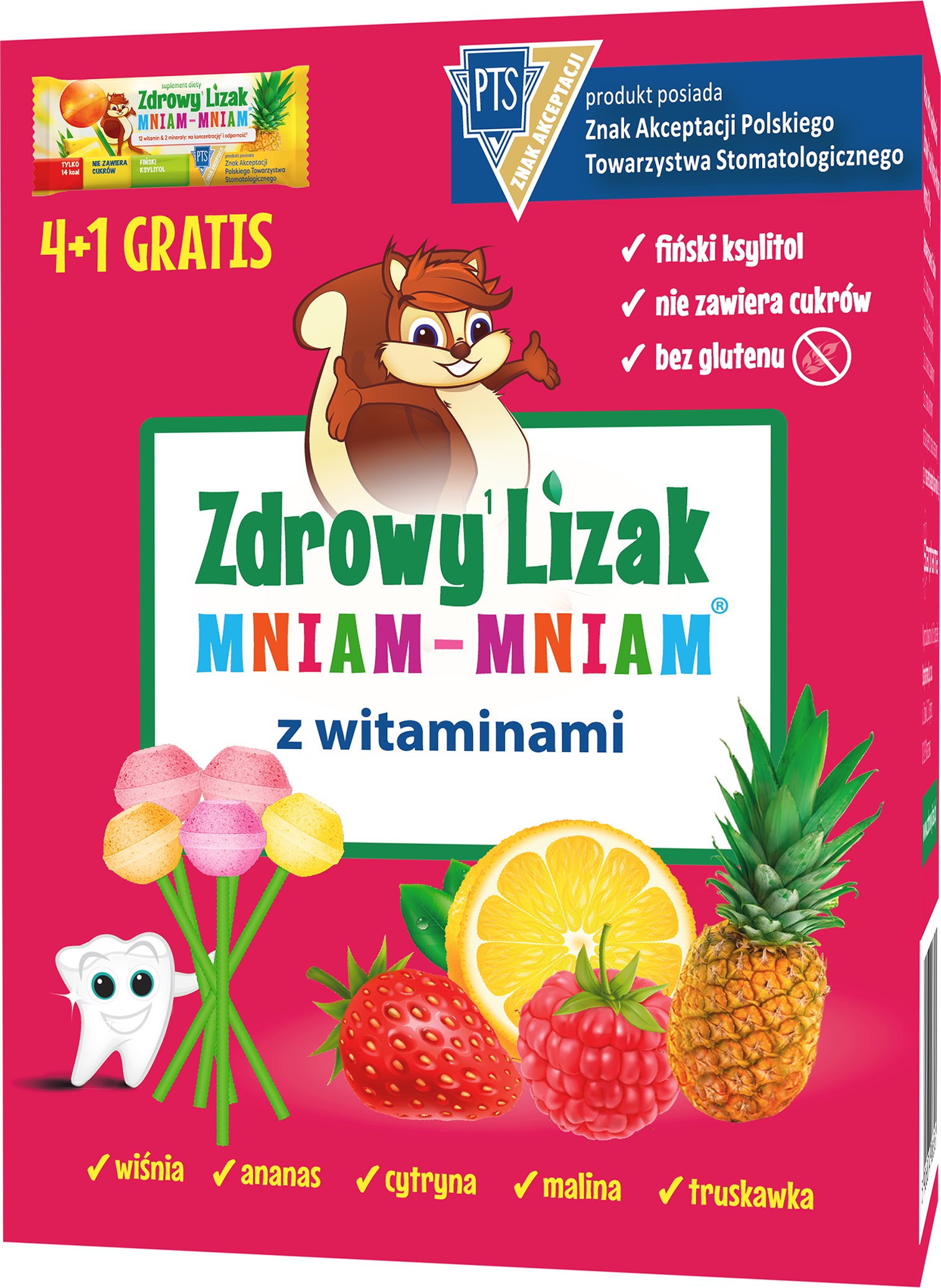 Zdrowy Lizak Mniam-Mniam wzbogacony o 12 witamin i 3 minerały o różnych smakach, 4+1 szt.