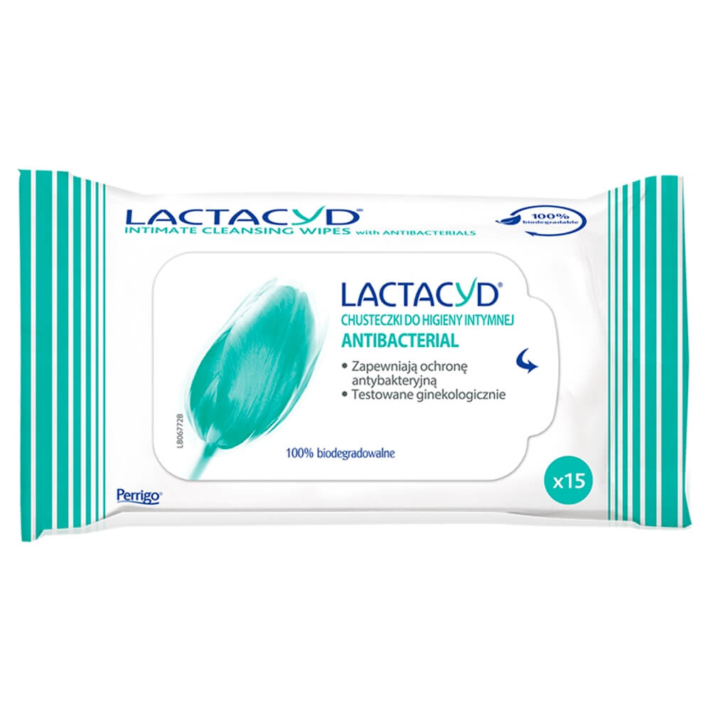 LACTACYD Antibacterial, chusteczki do higieny intymnej, 15 sasz.