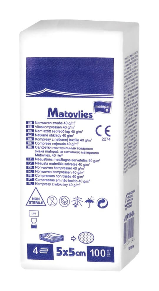 Matovlies kompresy z włókniny 4-warstwowe 5 x 5 cm, 100 szt.