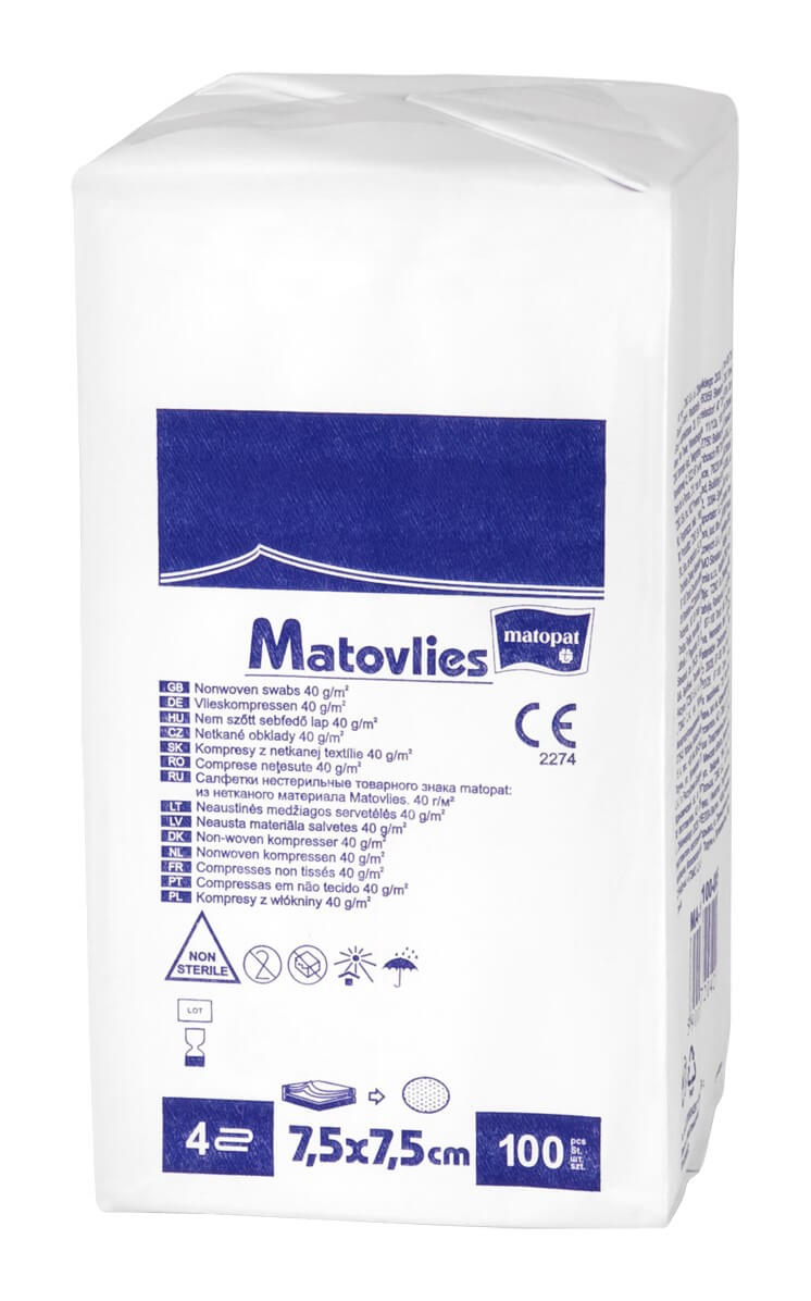 Matocomp kompresy z włókiny jałowej 4-warstwowe 7,5 x 7,5 cm, 100 szt. 