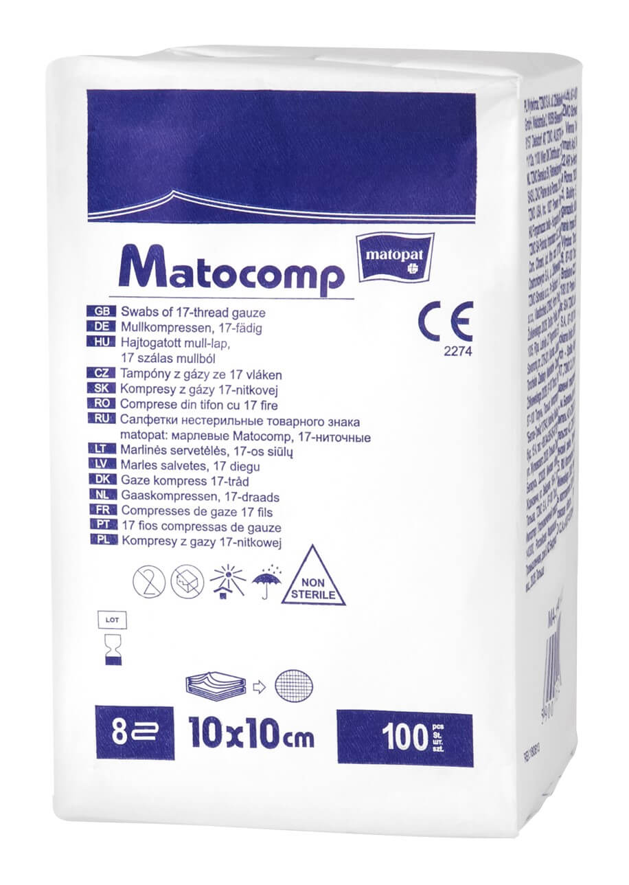 Matocomp kompresy z gazy niejałowej 17-nitkowej, 8 warstw, 10 x 10 cm, 100 szt.