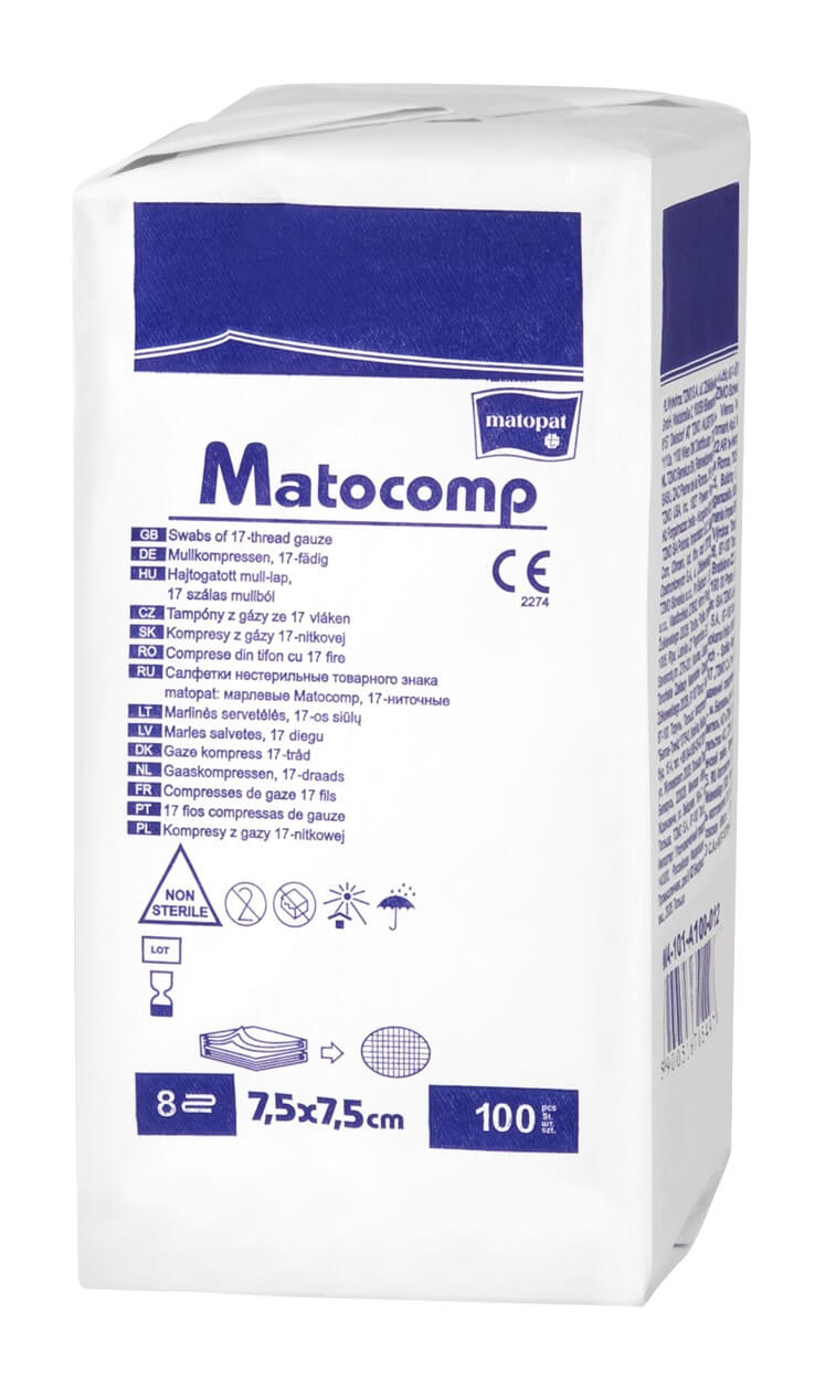 Matocomp kompresy z gazy niejałowej 17-nitkowej 8 warstw, 7,5 x 7,5 cm, 100 szt.