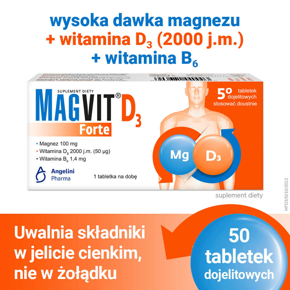 Magvit D3 Forte, tabletki dojelitowe z magnezem witaminą B6 i witaminą D3, 50 szt.