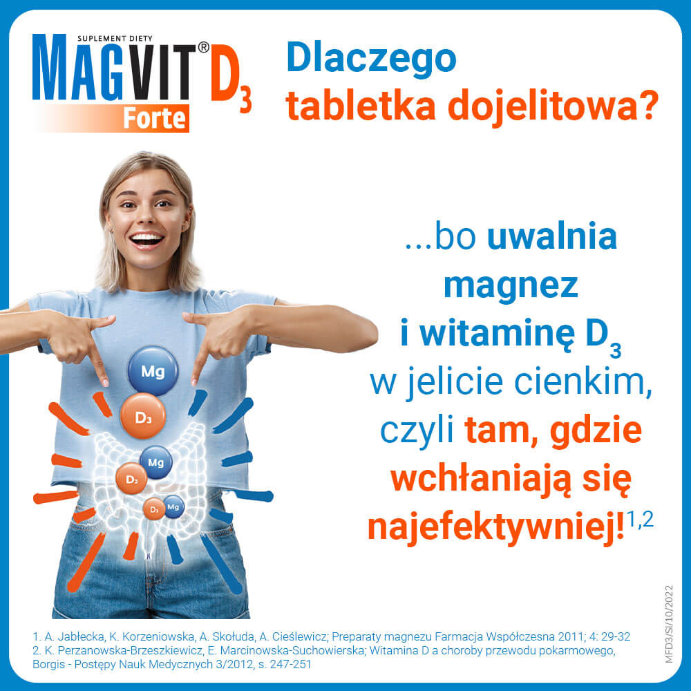 Magvit D3 Forte, tabletki dojelitowe z magnezem witaminą B6 i witaminą D3, 50 szt.