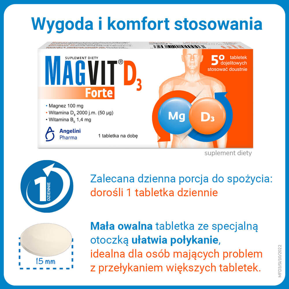 Magvit D3 Forte, tabletki dojelitowe z magnezem witaminą B6 i witaminą D3, 50 szt.