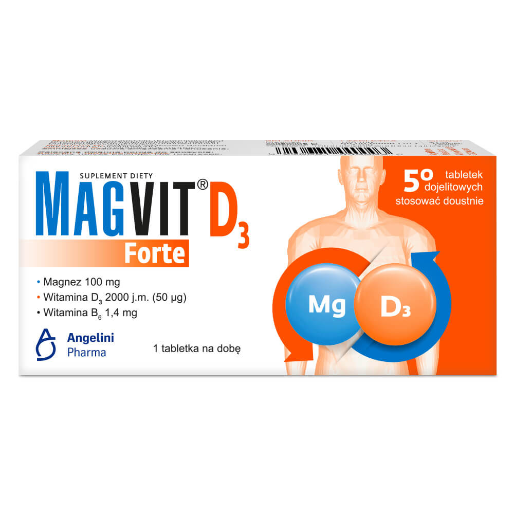 Magvit D3 Forte, tabletki dojelitowe z magnezem witaminą B6 i witaminą D3, 50 szt.