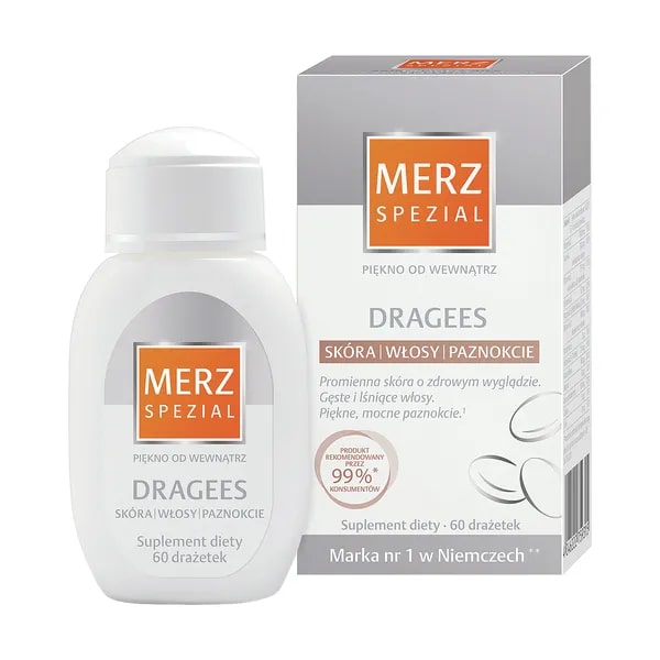Merz Spezial Dragees, drażetki zawierające witaminy i minerały przynoszące korzyści dla włosów, skóry i paznokci, 60 szt.