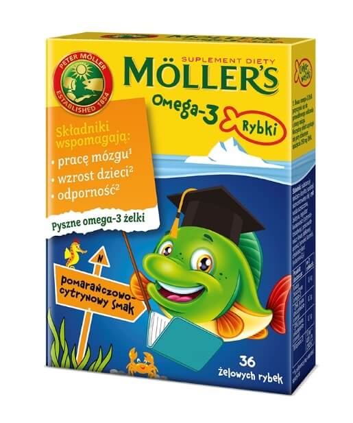 Mollers Omega-3 Rybki , żelki ze składnikami wspomagającymi pracę mózgu i rozwój dziecka o smaku pomarańczowo-cytrynowym, 36 szt.