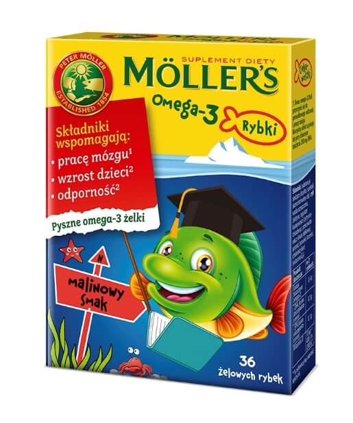 Mollers Omega-3 Rybki, żelki ze składnikami wspomagającymi pracę mózgu i rozwój dziecka o smaku malinowym, 36 szt.