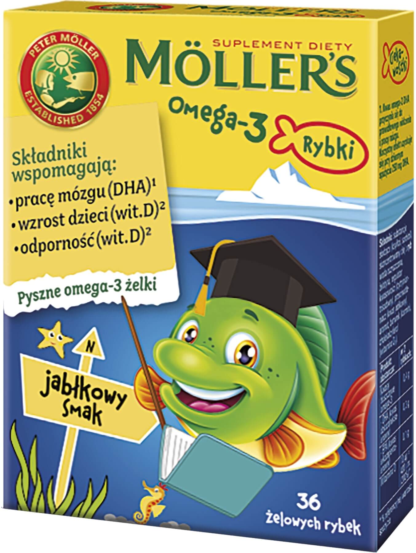 Mollers Omega-3 Rybki żelki z kwasami Omega-3, o smaku jabłkowym, 36 szt. 