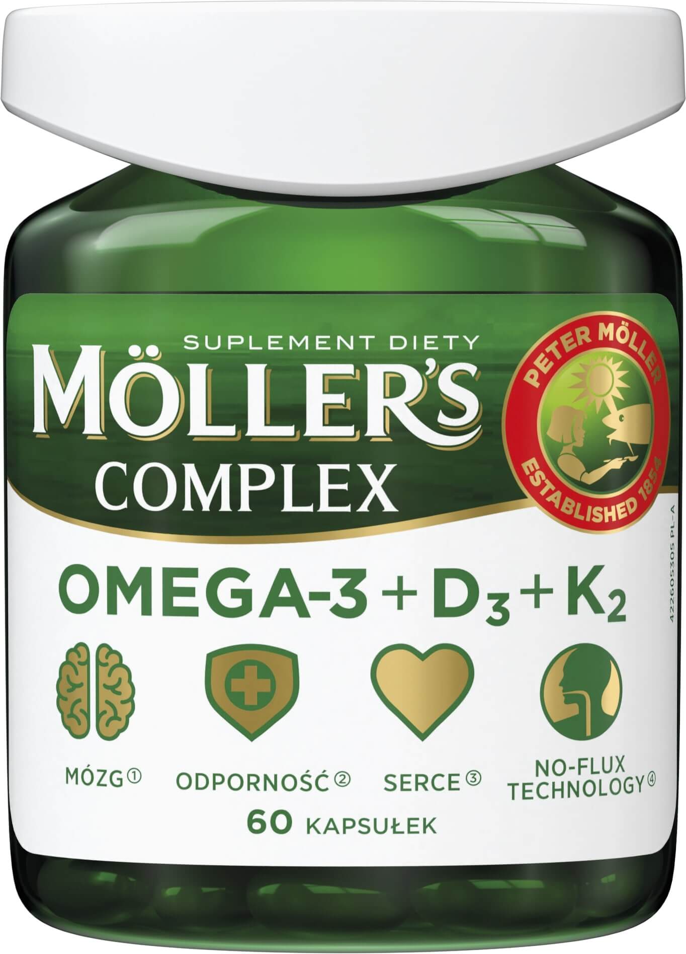 Mollers Complex, kapsułki dla osób dorosłych ze składnikami pomagającymi uzupełnić dietę w kwasy omega-3, witaminę D i witaminę K, 60 szt.