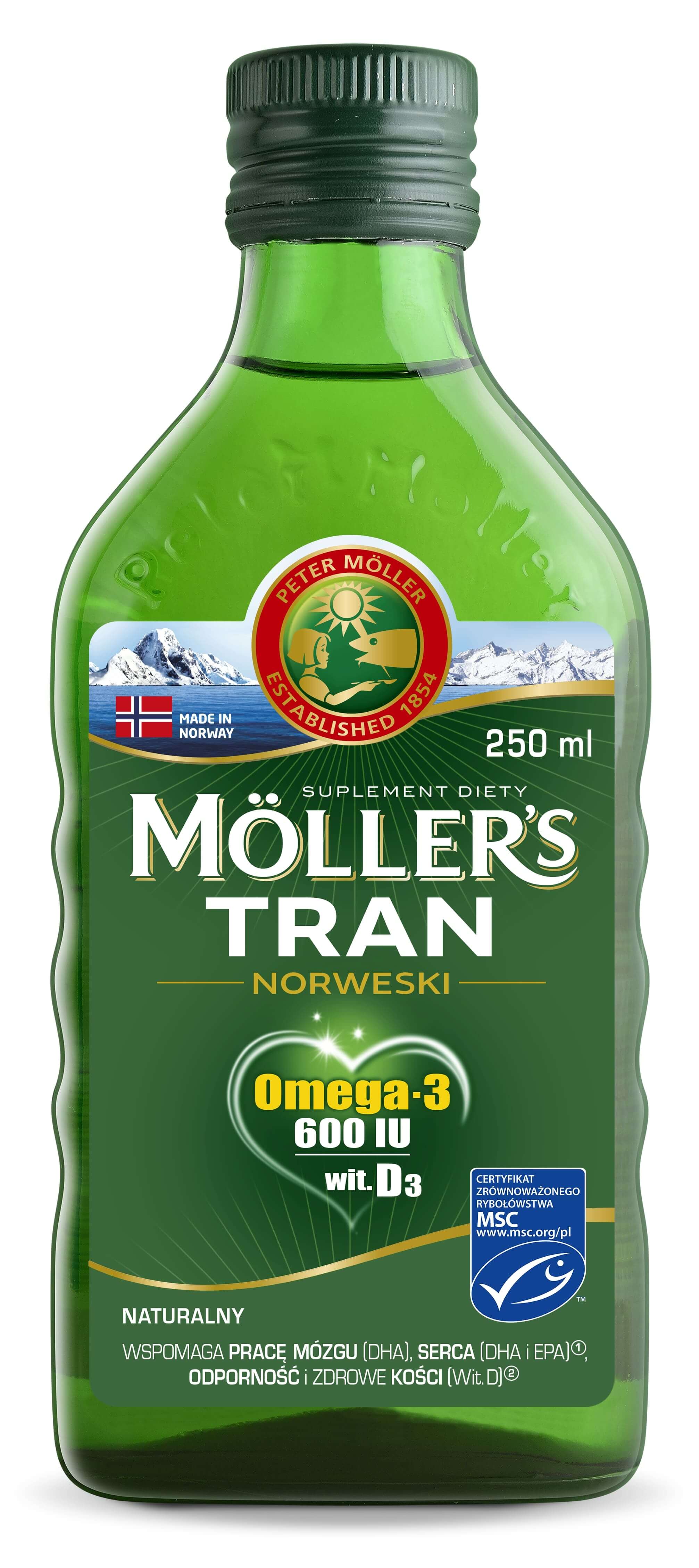 Mollers Tran Norweski, neutralny płyn z kwasami omega-3, 250 ml