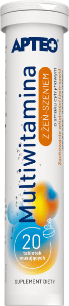 Multiwitamina z żeń-szeniem, tabletki musujące z witaminami i minerałami o smaku cytrynowym, 20 szt.