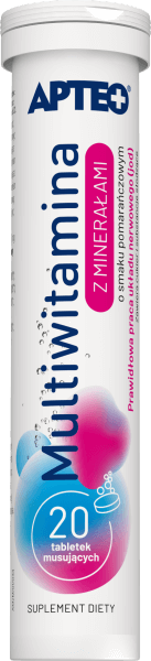 Multiwitamina z minerałami APTEO, tabletki musujące z witaminami i minerałami o smaku pomarańczowym, 20 szt.