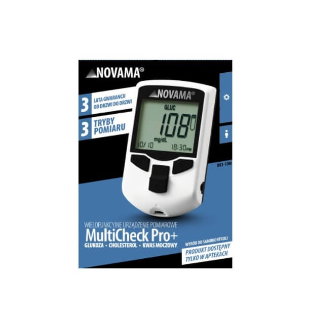 NOVAMA MultiCheck Pro+, wielofunkcyjne urządzenie pomiarowe do samokontroli: glukozy, cholesterolu i kwasu moczowego, 1 szt.