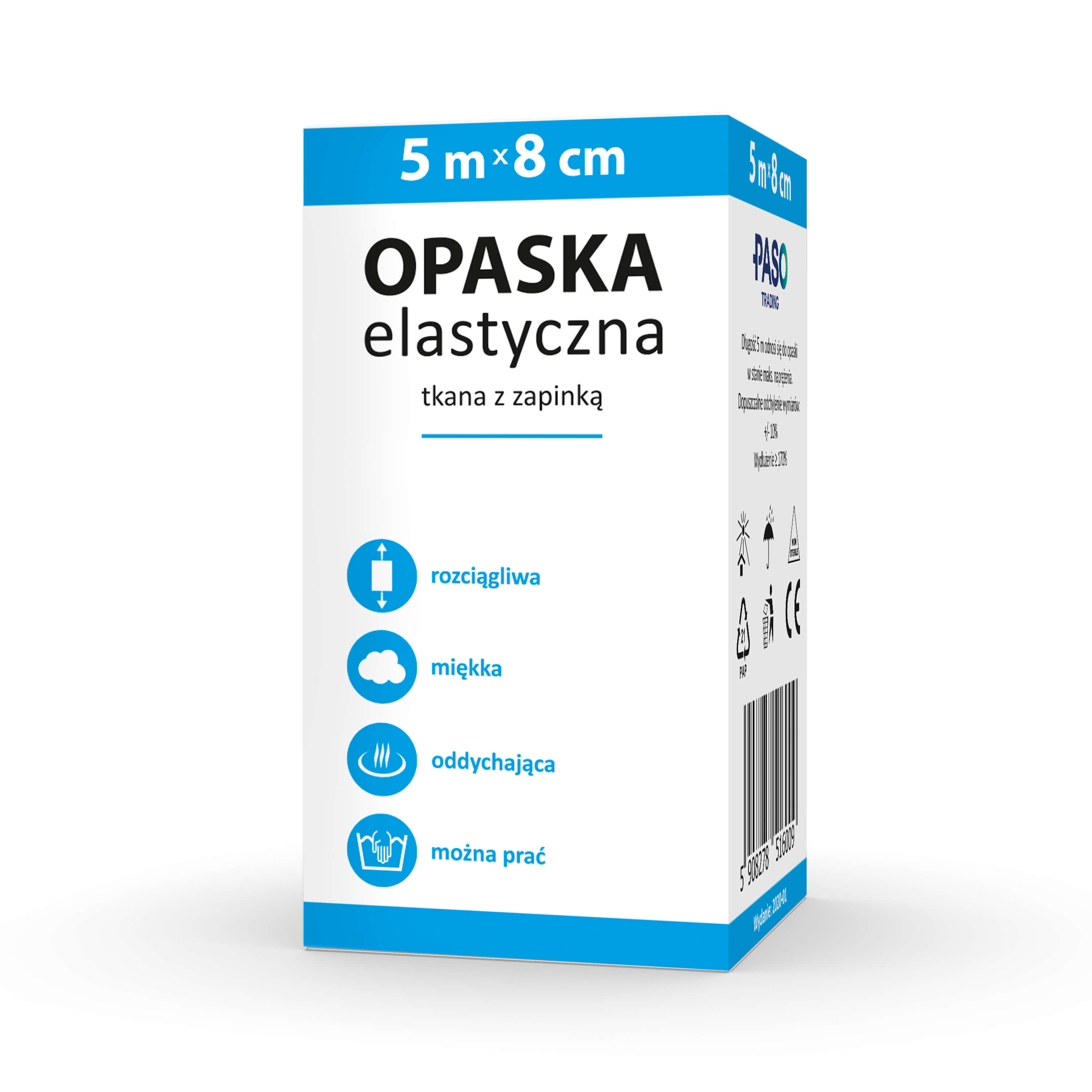 PASO Opaska, elastyczna tkana z zapinką, 5 m x 8 cm, 1 szt.