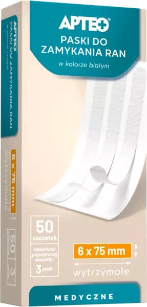 Paski do zamykania ran APTEO w kolorze białym 6 x 75 mm, 1 sasz.