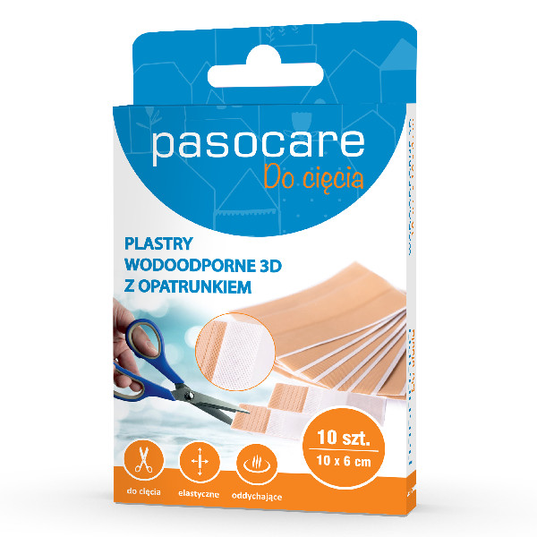 Pasocare, plaster wodoodporny z opatrunkiem 3D do cięcia, o wymiarach 10 x 6 cm, 10 szt.