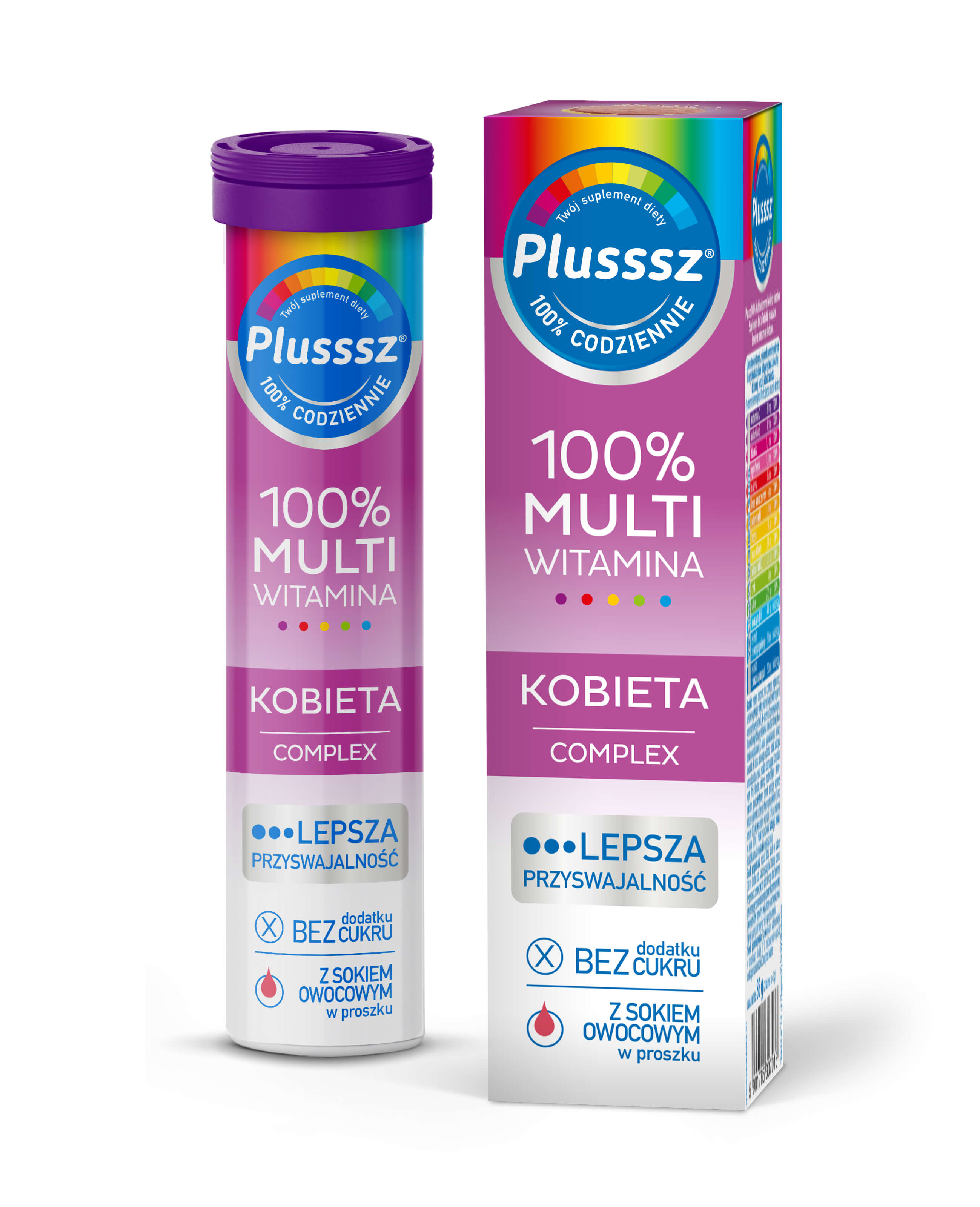 Plusssz 100% Multiwitamina Kobieta Complex, tabletki musujące z witaminami dla kobiet o smaku malina - pomarańcza, 20 szt.