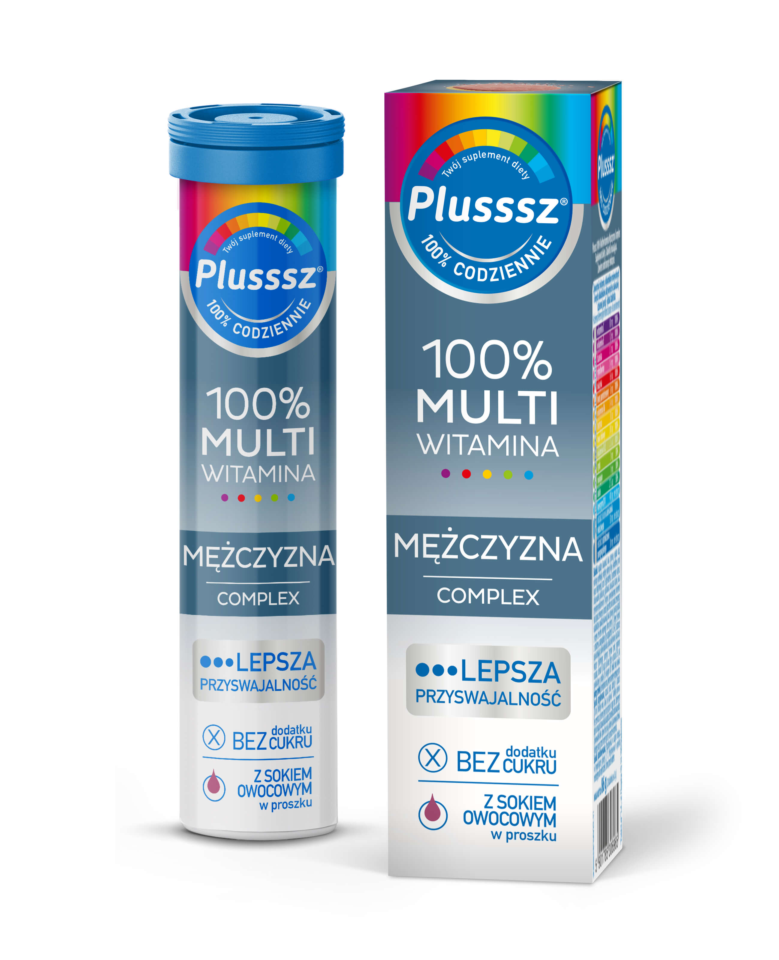 Plusssz 100% Multiwitamina Mężczyzna Complex, tabletki musujące z witaminami o smaku jeżyna - pomarańcza dla mężczyzn, 20 szt.
