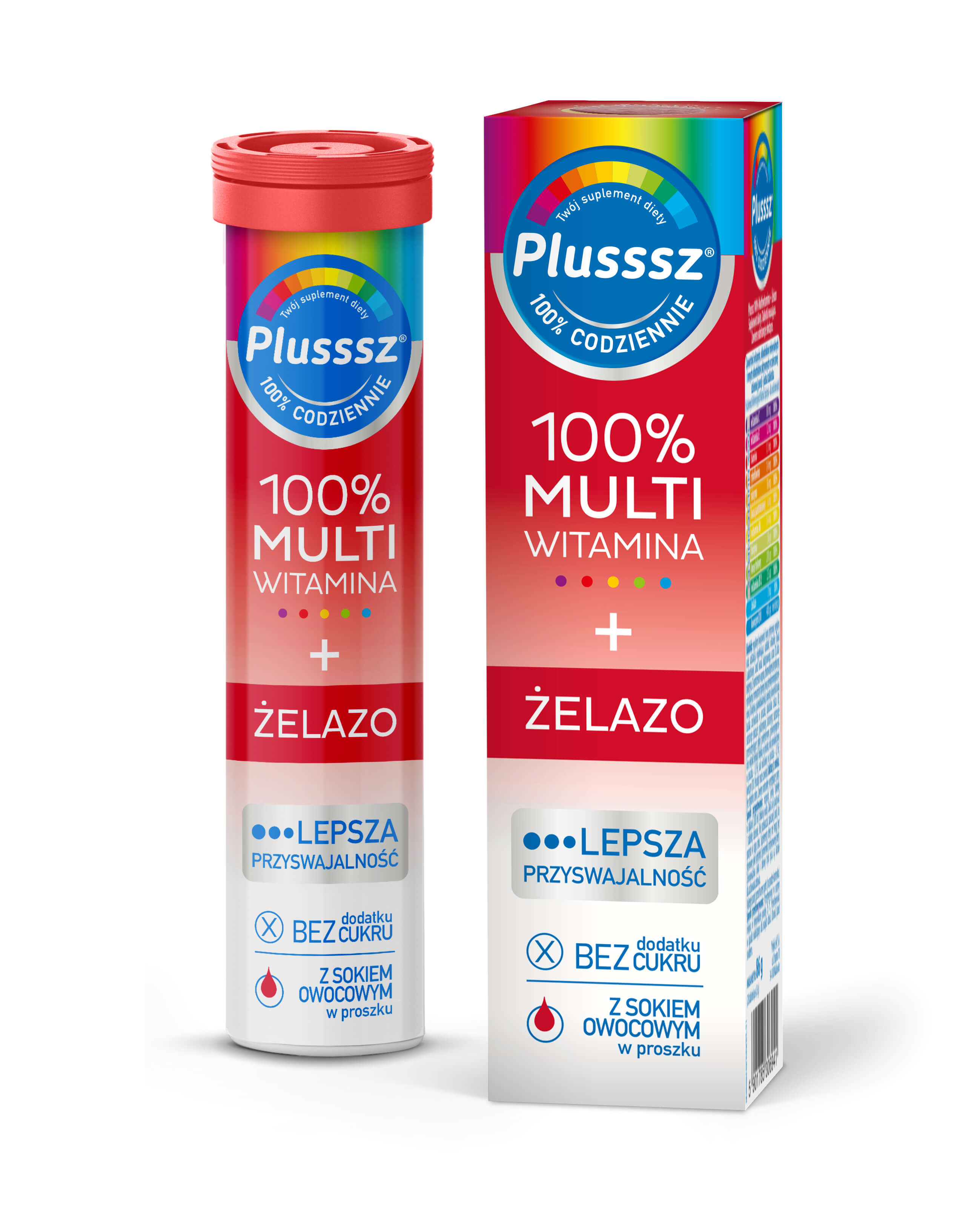 Plusssz 100% Multiwitamina + Żelazo, tabletki musujące z witaminami o smaku wiśniowym, 20 szt.