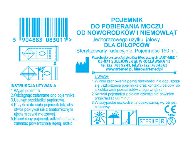 Pojemnik do pobierania moczu, od noworodków i niemowląt, jałowy, dla chłopców, 1 szt.