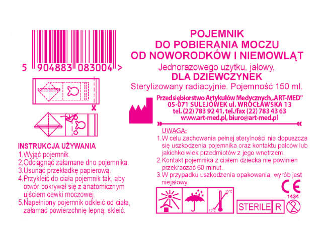 Pojememnik do pobierania moczu od noworodków i małych dzieci, jałowy, dla dziewczynek, 1 szt.