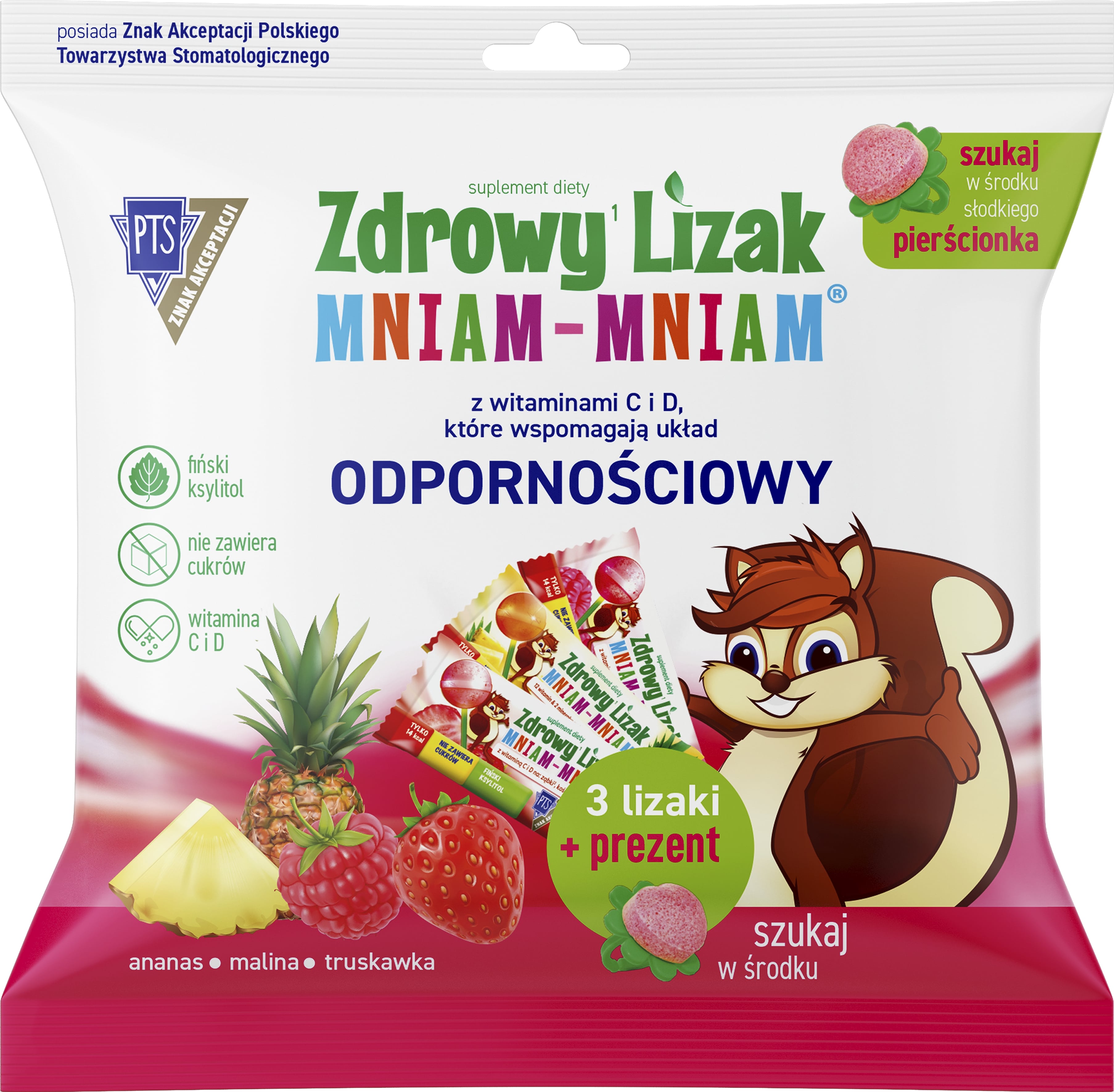 Zdrowy Lizak Mniam-Mniam wzbogacony o witaminę C i D o smaku ananasowym, malinowym i truskawkowym, 3 szt. + prezent